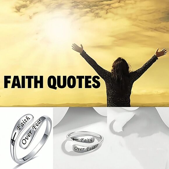 Faith over Fear 925 Silver Open Ring Adjstble Engraved Religious Spiritual Cross - Picture 2 of 5